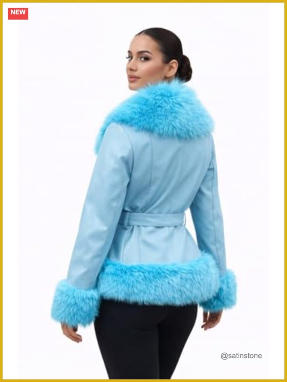 Women's Cropped Vegan Leather Jacket Faux Fur Trim Belted Fleece Lined - Picture 4 of 6
